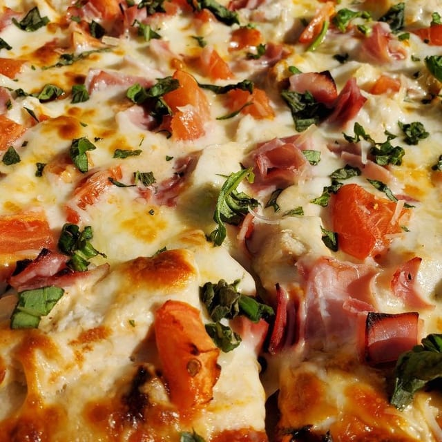 Chicken Alfredo Pizza.